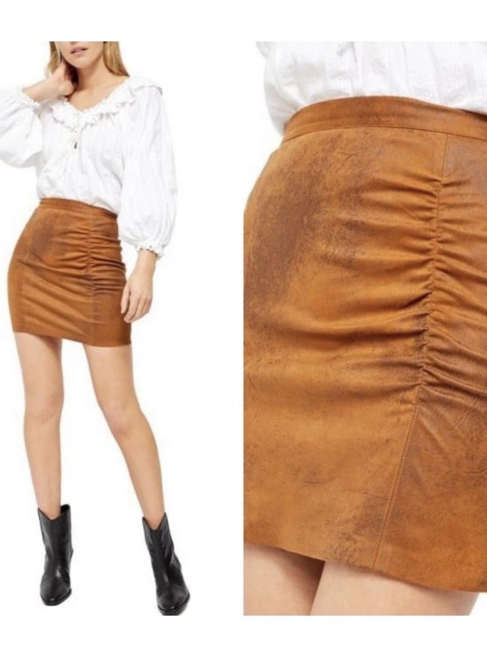 Free People Faux Suede Ruched Mini Skirt in Cognac